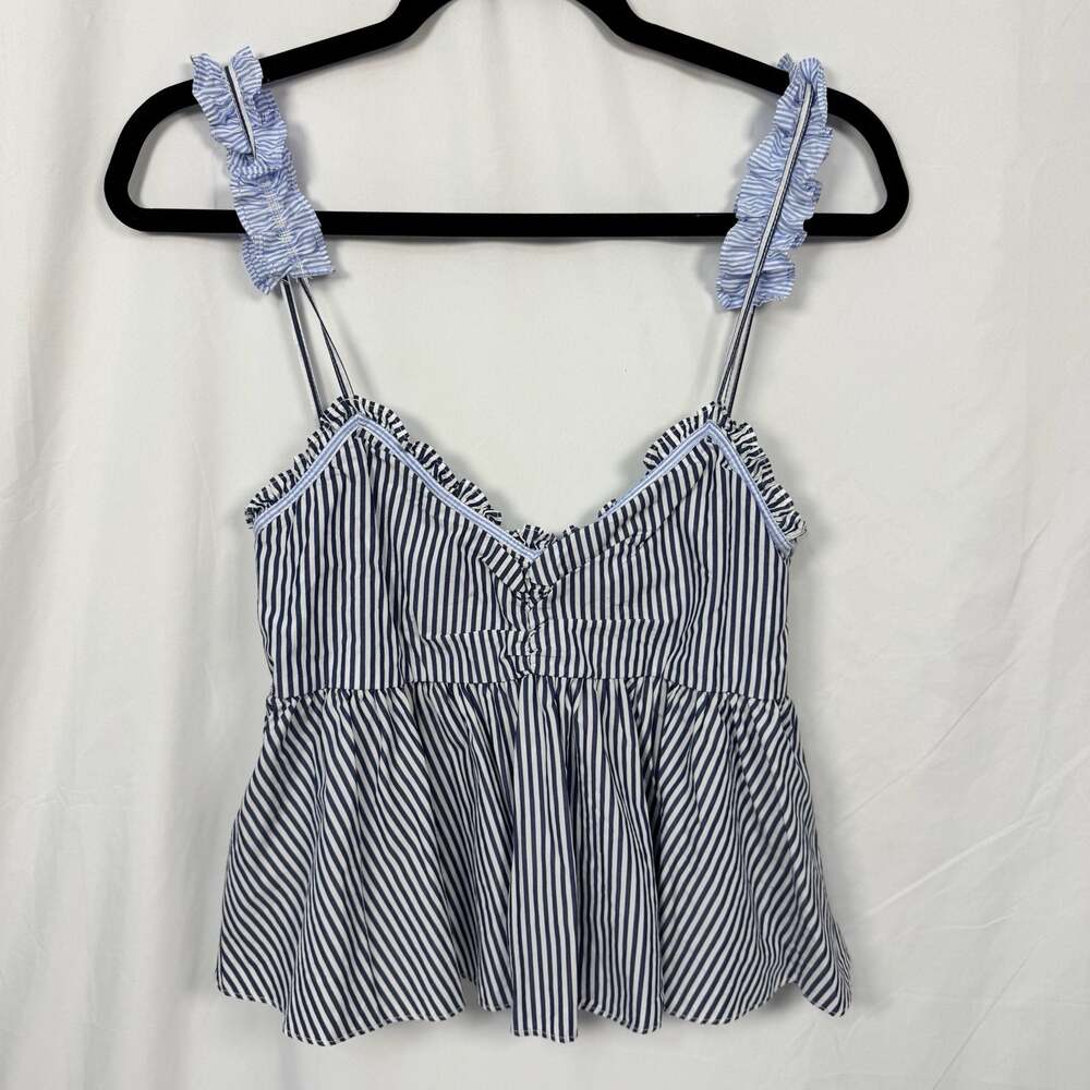 Zara TRF Blue and White Striped Ruffle Strap Peplum Camisole Top Size M